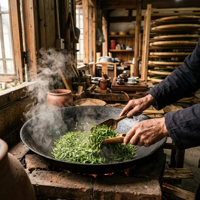 Traditional Chinese tea master hand-firing Longjing green tea leaves in a hot wok