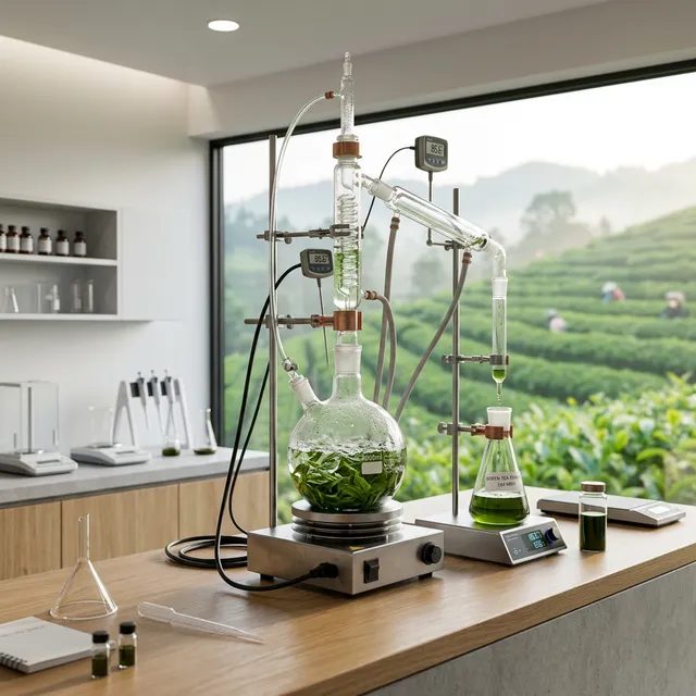 Laboratory distillation apparatus with green tea leaves